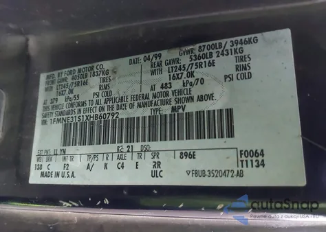 1999 Ford E-350 Super Duty Xl/Xlt из США, поврежденный, VIN 1FMNE31S1XHB60792